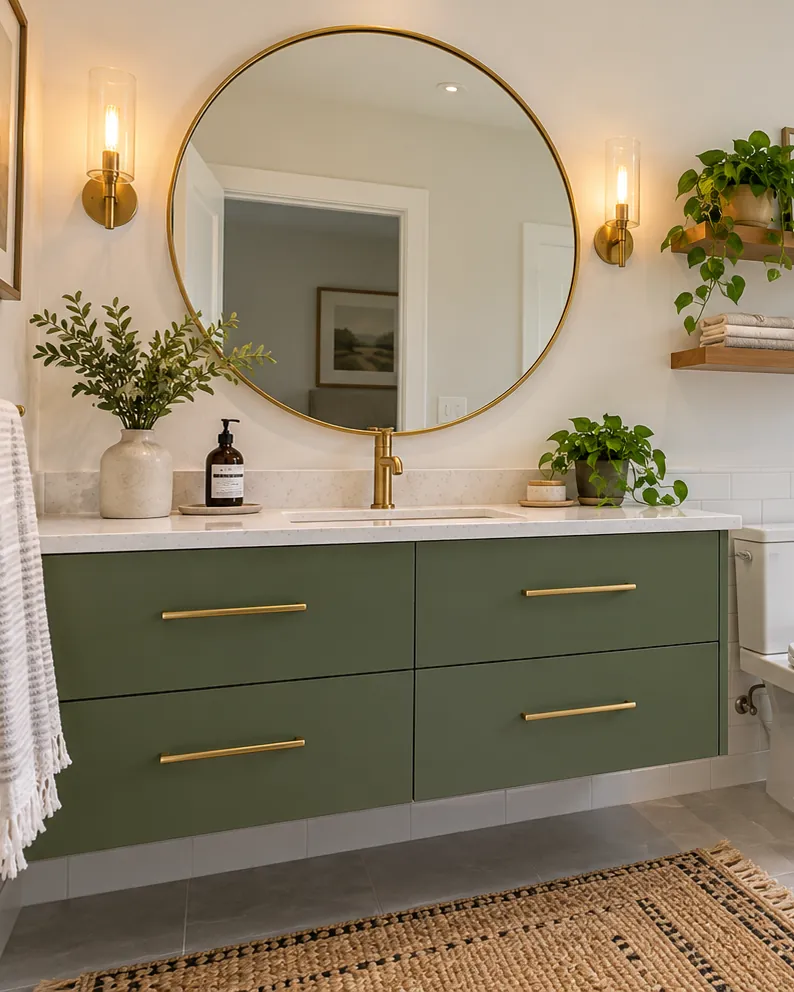 Renovated bathroom with a green floating vanity and round mirror