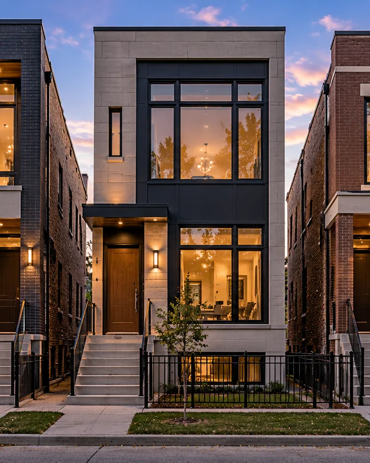 A row of well-kept Chicago homes at dusk