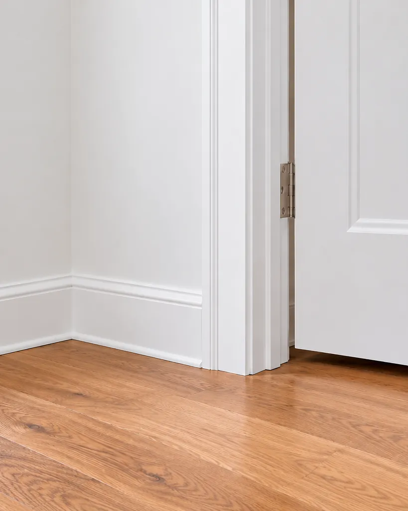 New door casing and tall baseboard, freshly finished