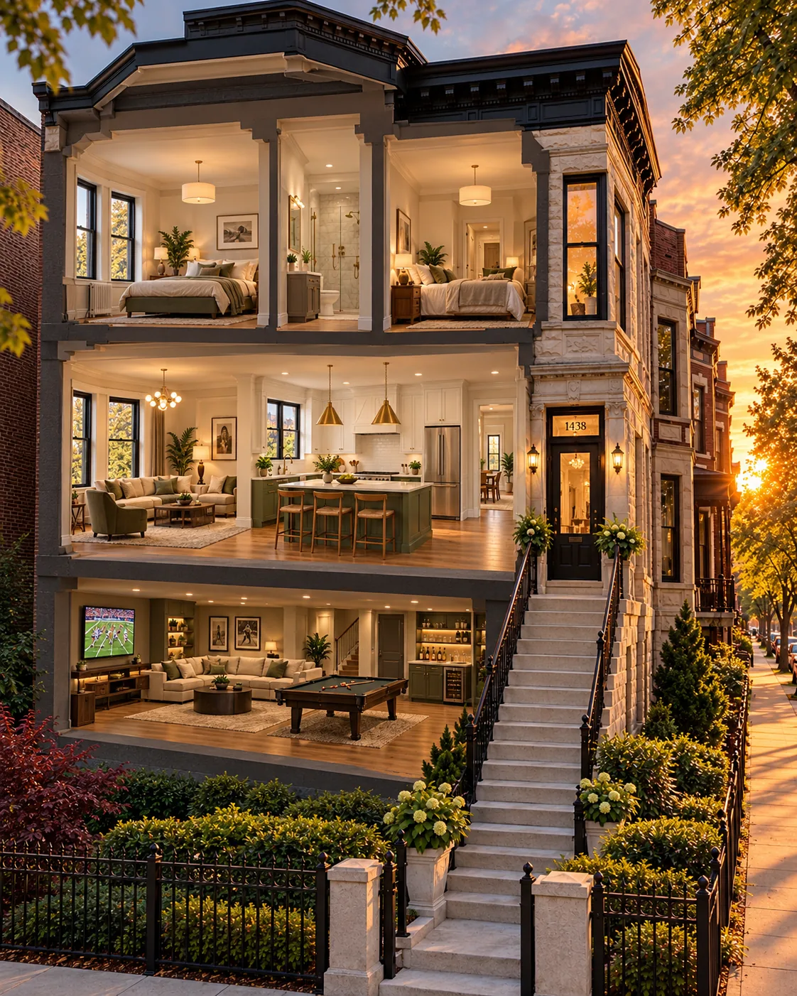 Cutaway of a Chicago greystone showing bedrooms and a bath upstairs, a living room and kitchen on the main floor, and a finished lower level