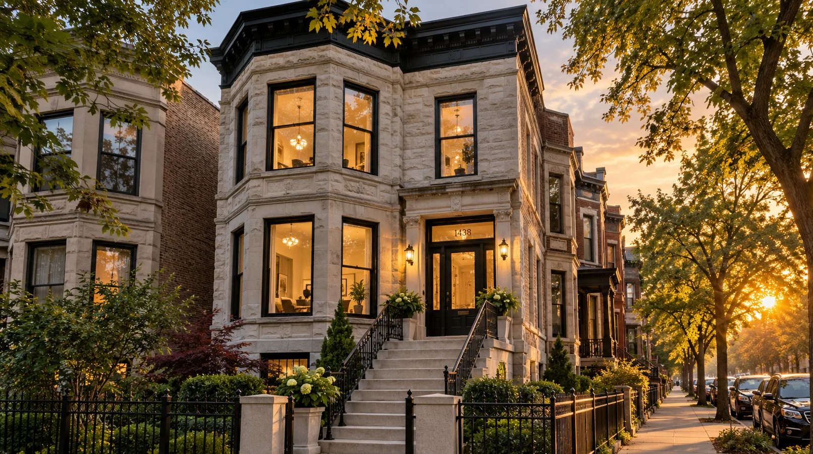 A Chicago greystone at golden hour