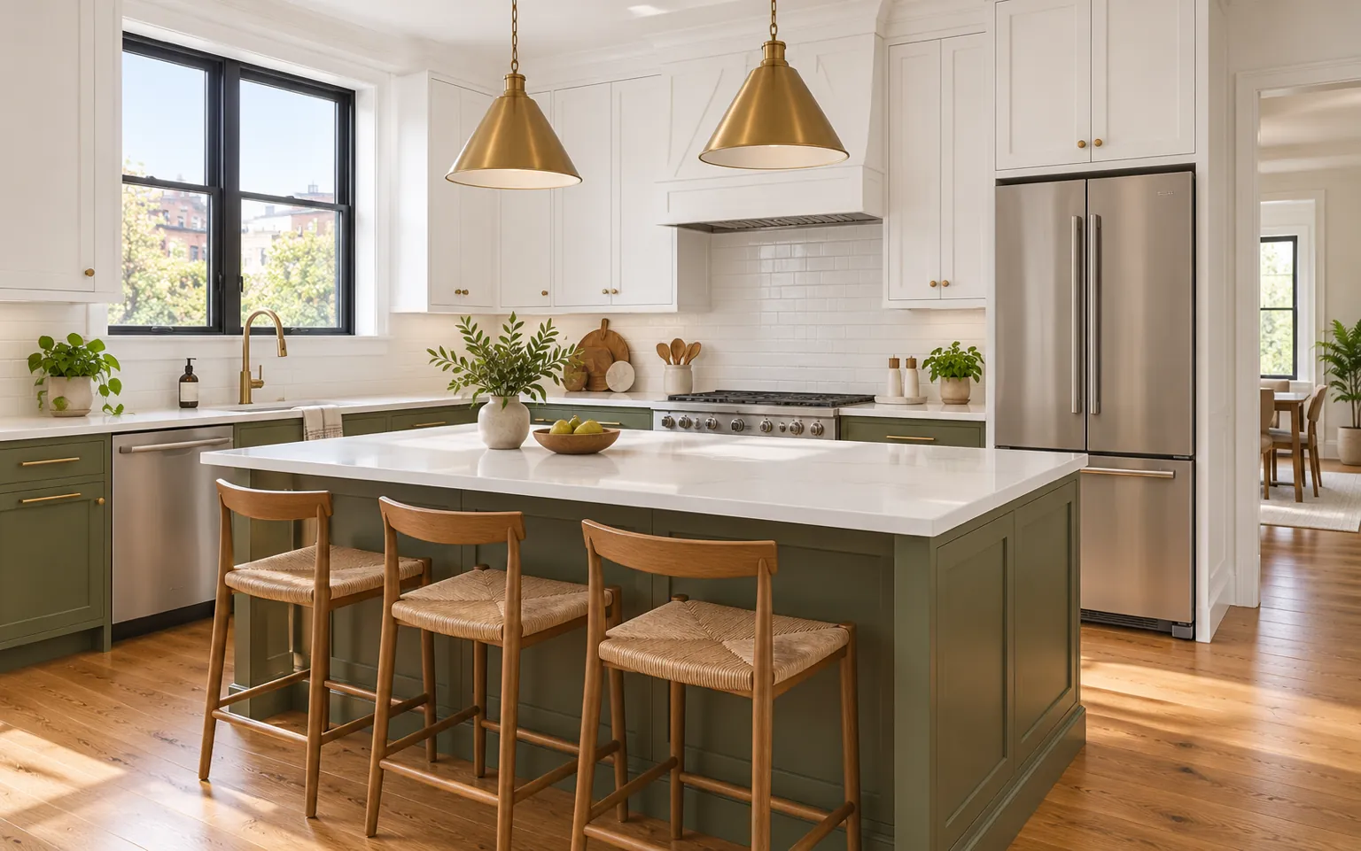 An updated kitchen with white cabinets, sage island and brass pendants