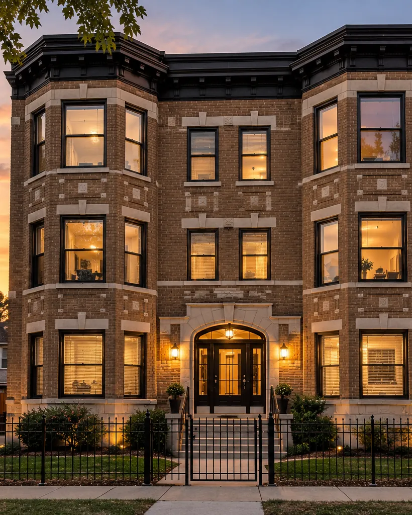A three-story brick apartment building at dusk