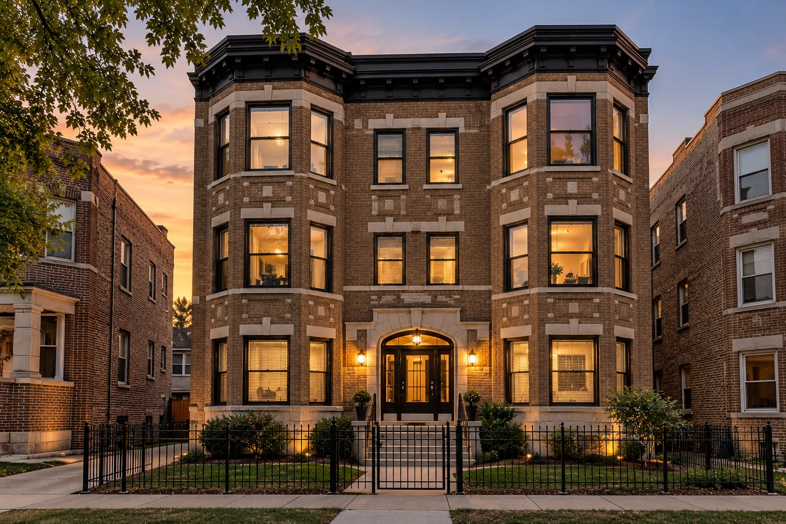 A well-kept three-story brick apartment building at dusk