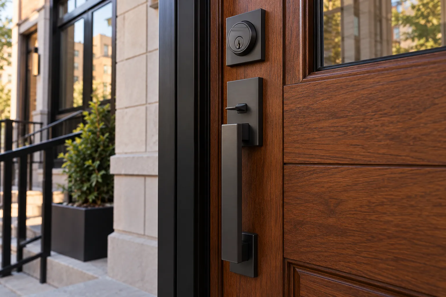 A new entry door handleset and deadbolt